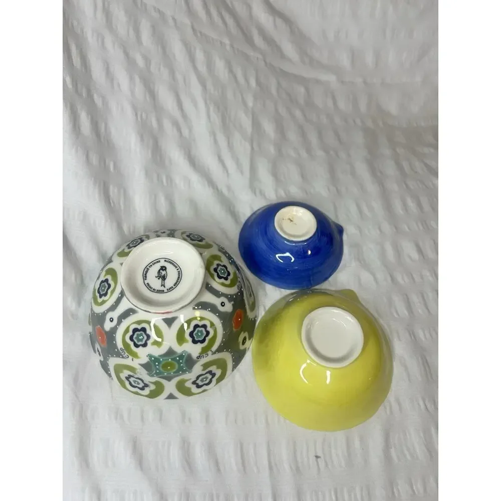 Anthropologie Izmir Set 3 Painted Ceramic Measuring Cups Colorful Floral Nesting